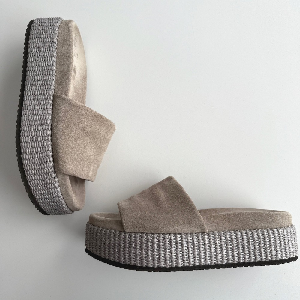 Brunello Cuchinelli EUC Suede Raffia Platform Slide Taupe Gray Sandal EU 39 US 9